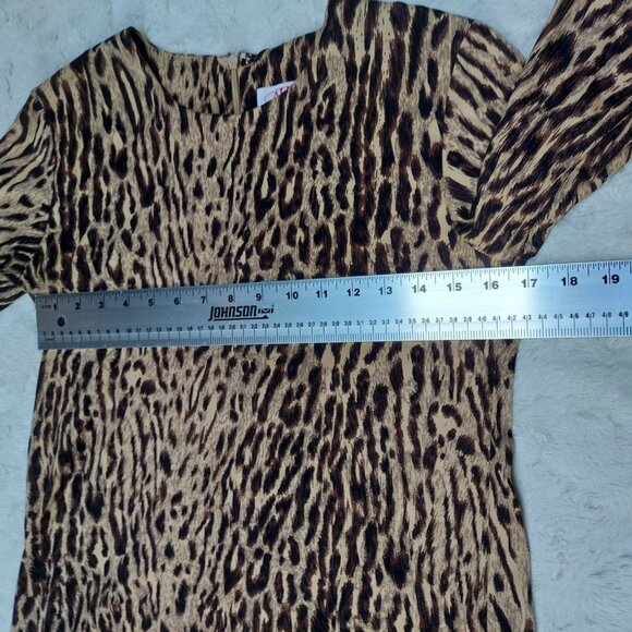 AKA New York XS Silk Brown Blend Animal Print Shift Dress 3/4 Sleeve Stretch - Picture 8 of 9